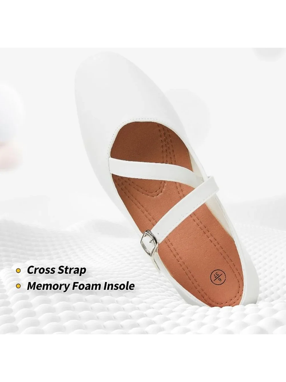 Women's White Rubber Cross Buckle Strap Ballet Flats Memory Foam Casual Shoes